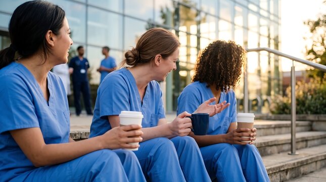 Diverse group of happy healthcare professionals taking a break outdoors