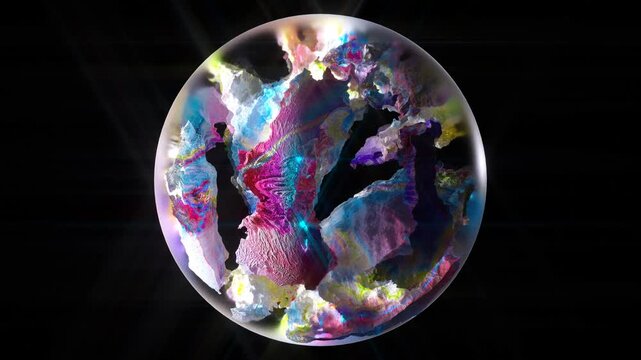 3d render of abstract art of a surreal glass sphere object with a planet stone rock mineral structure inside as a core in mix gradient color 