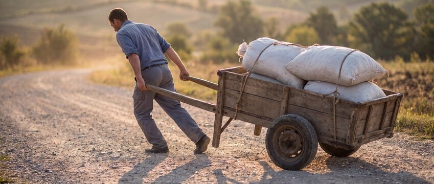 Man pulling a wooden cart loaded with sacks on a dirt road