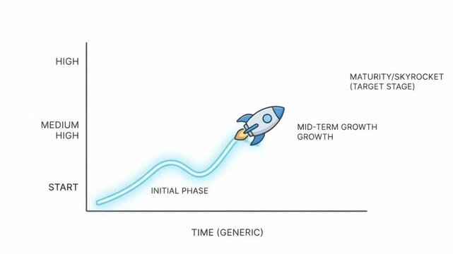 Rocket ship launching along a glowing blue growth curve illustrates startup success and market expansion.