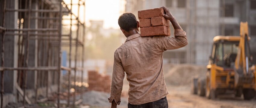 Worker carrying bricks on construction site at sunset