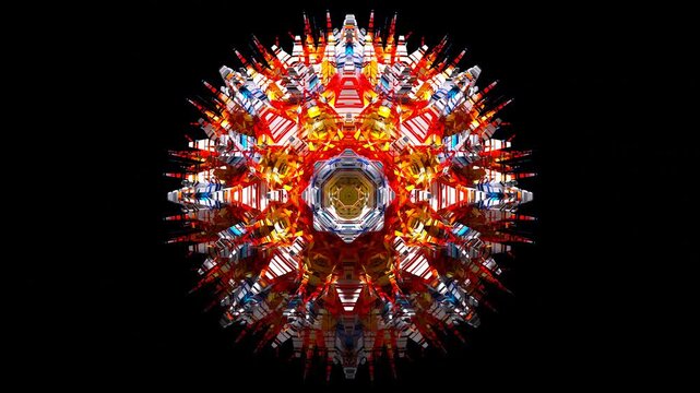 3d render of abstract art of surreal alien fractal star flower mechanism object in rotation modification process based on geometry shapes as cubes triangles on black background in multicolor