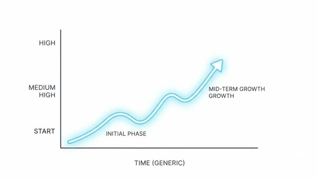 Line chart with a glowing blue upward arrow demonstrates business growth and financial progression over time.