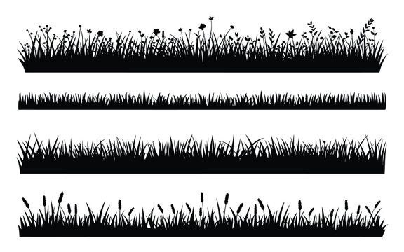 Set of black grass silhouette horizontal borders with wild flowers and reeds isolated vector illustration on clean white background