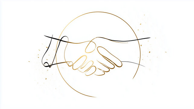 Minimalist line art animation, A single continuous line drawing itself into a handshake, a golden circle forming around it., thin gold and black ink lines drawing themselves
