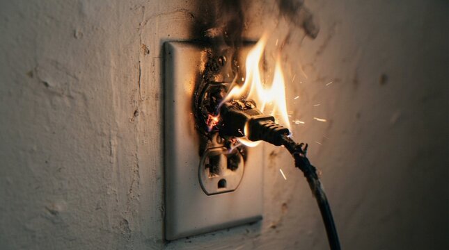 A close-up view of an electrical wall outlet catching fire with flames and sparks emitting from a damaged power plug and scorched wall plate.
