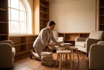 Fototapeta premium Woman kneeling in a library lounge organizing stacks of blank books onto small wooden stools