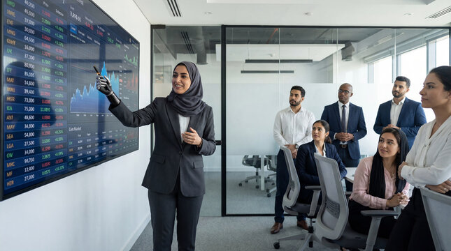 Muslim businesswoman with bionic arm giving financial presentation to multicultural group of professionals, pointing to a large digital screen showing stock market data and financial charts