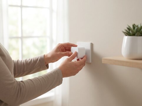 Person plugging a smart home device into a white wall outlet