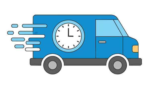 Stylized delivery van icon with motion lines and a clock graphic on a plain white background expressing a fast logistics and timely shipping concept