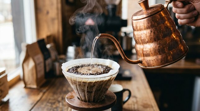 Barista pouring hot water from copper kettle into pour over dripper, specialty coffee brewing, International Coffee Day concept.