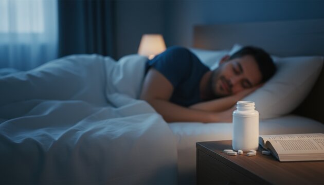 A peaceful bedroom scene with a man asleep beside a bedside table and medication highlighting themes of rest wellness nighttime routine and the pursuit of healthier sleep habits