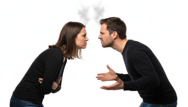 A man and woman facing each other in anger with symbolic steam rising to depict conflict and emotional tension