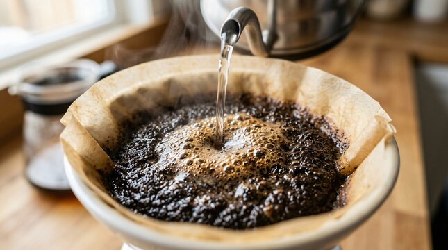 Hot water pouring from kettle onto freshly ground coffee in pour-over filter, artisanal drip brewing method for morning Coffee Day ritual.