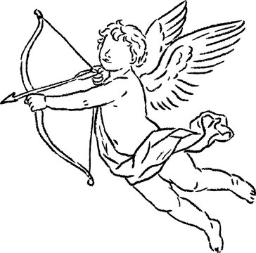 Flying Cupid angel aiming a love arrow. Vintage black line cherub illustration with bow and wings, ideal for Valentine, wedding invitations and romantic designs with textured crayon outline.