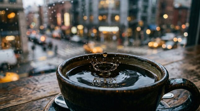 Coffee drop splash in ceramic mug on rainy window sill overlooking blurred city street, cozy cafe atmosphere, Coffee Day concept.