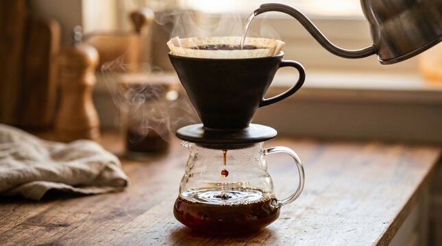 Pour over coffee brewing with hot water pouring from kettle into dripper, fresh artisan coffee dripping into glass pot on wooden table.