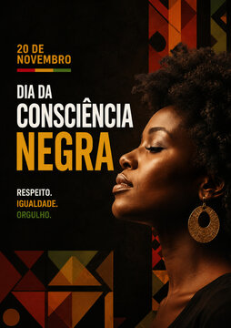 Dia da Consci&ecirc;ncia Negra: Cartaz Comemorativo de 20 de Novembro com Mulher Negra e Arte Tribal Afro
