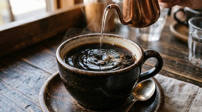 Hot water pouring from copper kettle into dark coffee cup with steam and ripples on wooden table, artisan brew concept for Coffee Day.