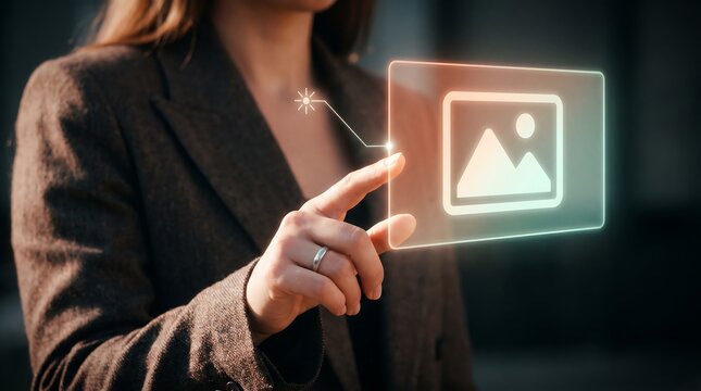 Professional woman interacting with a futuristic digital interface showing a mountain landscape icon