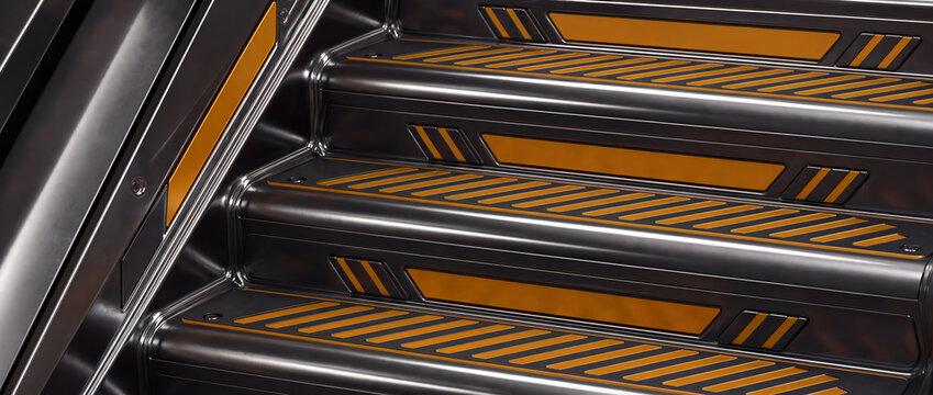 Glossy futuristic black metal stairs with orange striped treads and hazard markings in industrial setting