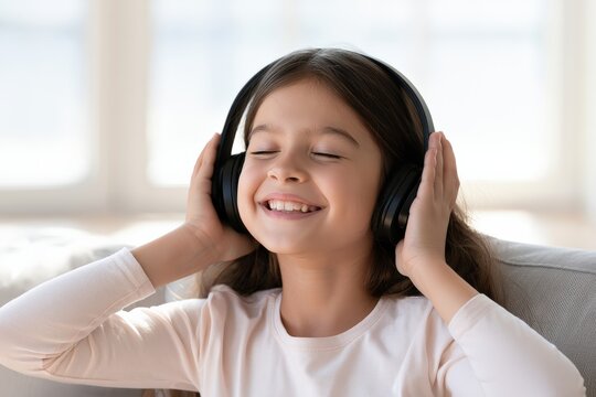 Smiling girl with cochlear implant wearing headphones indoors