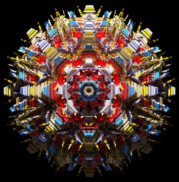 3d render of abstract art of surreal alien fractal star flower mechanism object in rotation modification process based on geometry shapes as cubes triangles on black background in multicolor
