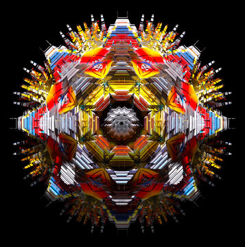 3d render of abstract art of surreal alien fractal star flower mechanism object in rotation modification process based on geometry shapes as cubes triangles on black background in multicolor