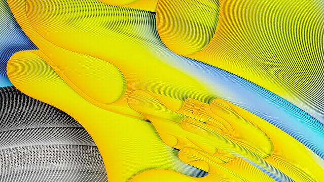 3d render of abstract art, 3d background of surreal circles, ropes on a curve, wavy organic lines, forms in a deformation transformation process in purple and white, and blue multicolor gradient color