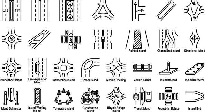 Traffic island and road intersection infrastructure line icons set for urban navigation and design