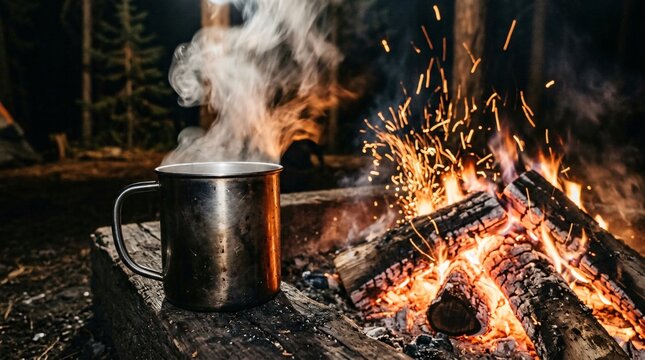 Steaming metal mug of hot coffee by a crackling campfire at night, celebrating outdoor adventure and Coffee Day.