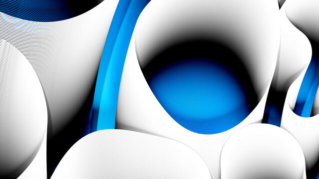 3d render of abstract art, 3d background of surreal circles, ropes on a curve, wavy organic lines, forms in a deformation transformation process in purple and white, and blue multicolor gradient color