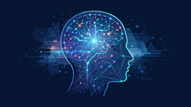 Abstract glowing human head silhouette with illuminated neural network inside, representing artificial intelligence and cognition