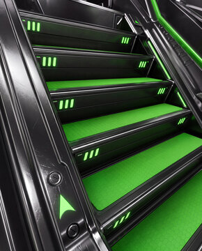 Sleek futuristic staircase with black metallic frames, glowing green neon lights, and hexagonal green treads in a high-tech interior