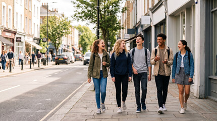 Obraz premium Diverse group of teenagers laughing and walking down a sunny street