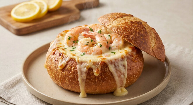 bread bowl filled with creamy shrimp and melted cheese