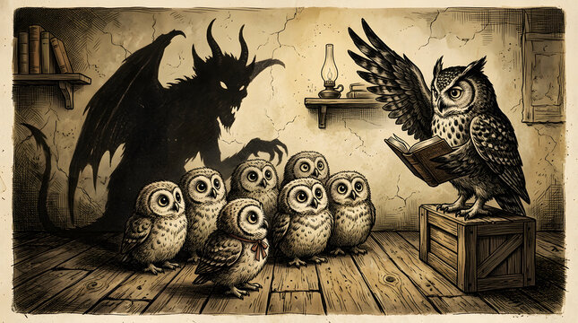 An owl teacher reads a book to a group of owlets while a shadowy demon watches from the background.