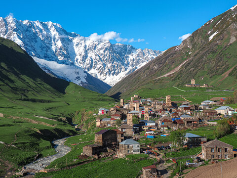 Ushguli Medieval Village Below Snow Mountain Peak in Svaneti Georgia