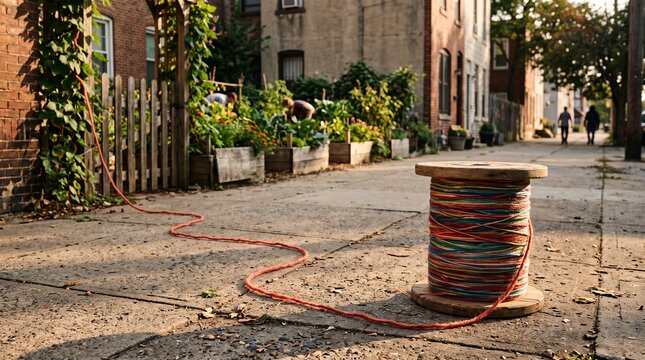 Large spool of colorful thread on city street, urban textile craft and sewing concept.