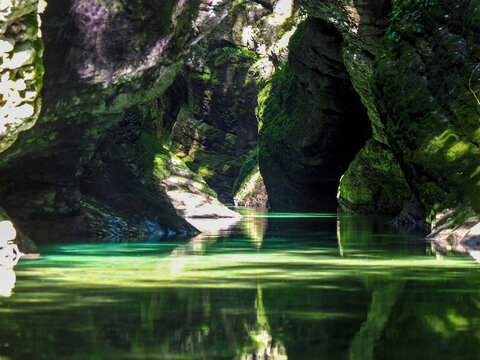 Turquoise river flowing through Martvili Canyon in Georgia, copy space