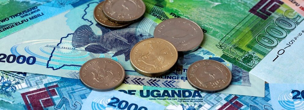 Ugandan shilling money banknotes and coins on table. Uganda cash bills of UGX currency