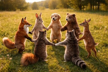 Obraz premium Animal friends holding hands in circle on sunny meadow with dog, fox, rabbit, bear, deer and raccoons. Concept of friendship, unity, teamwork, community, diversity, cooperation, nature