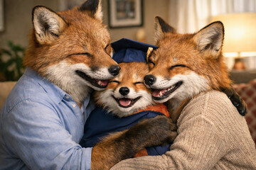 Obraz premium Fox family celebrating graduation with young fox in cap and gown hugged by parents at cozy home setting. concept of family pride, achievement, joyous moment, celebration.