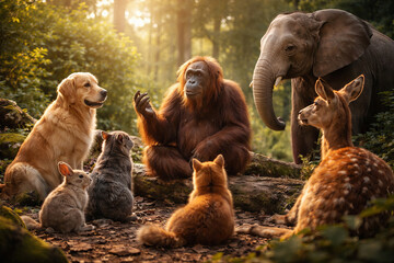 Fototapeta premium Orangutan, elephant, and forest animals gathering in sunlit woodland clearing. concept of wildlife harmony, animal friendship, nature community, peaceful coexistence