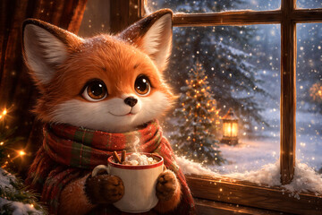 Obraz premium Cute fox in red scarf drinking hot chocolate with marshmallows by window with snowy winter forest. Cozy Christmas animal illustration for holiday greeting card