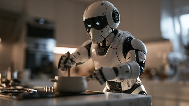 Futuristic Humanoid Robot Cooking in Modern Smart Kitchen