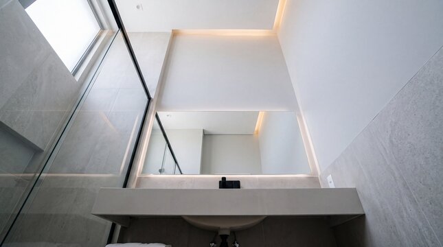 Modern Minimalist Bathroom Interior with Backlit Mirror