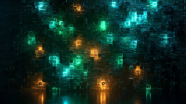 Cyberpunk Glowing Neon Brick Wall Background