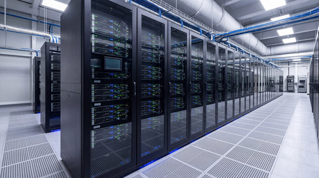 Modern Data Center with Rows of Server Racks
