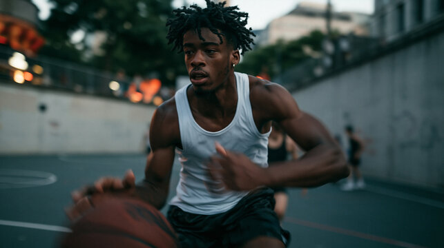 Young Man Dribbling Basketball on Urban Street Court